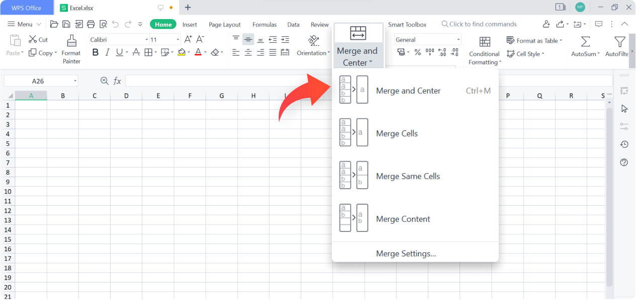 Fusionner et centrer des cellules Excel dans WPS Spreadsheet