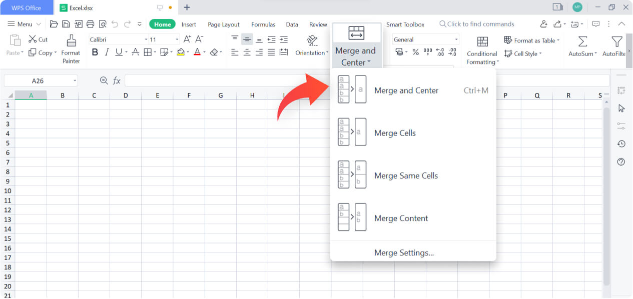 Unisci e centra le celle Excel in WPS Spreadsheet