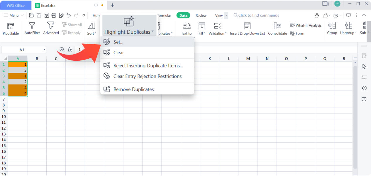 Markieren von Duplikaten in Excel mit WPS Spreadsheet