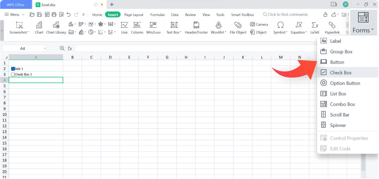 Вставка флажков в документы Excel с помощью WPS Spreadsheet
